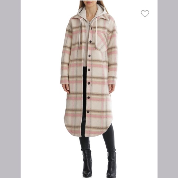 New Avec Les Filles Checked Longline Hooded Shirt Jacket Pink Cream Plaid nwt M - Picture 1 of 9